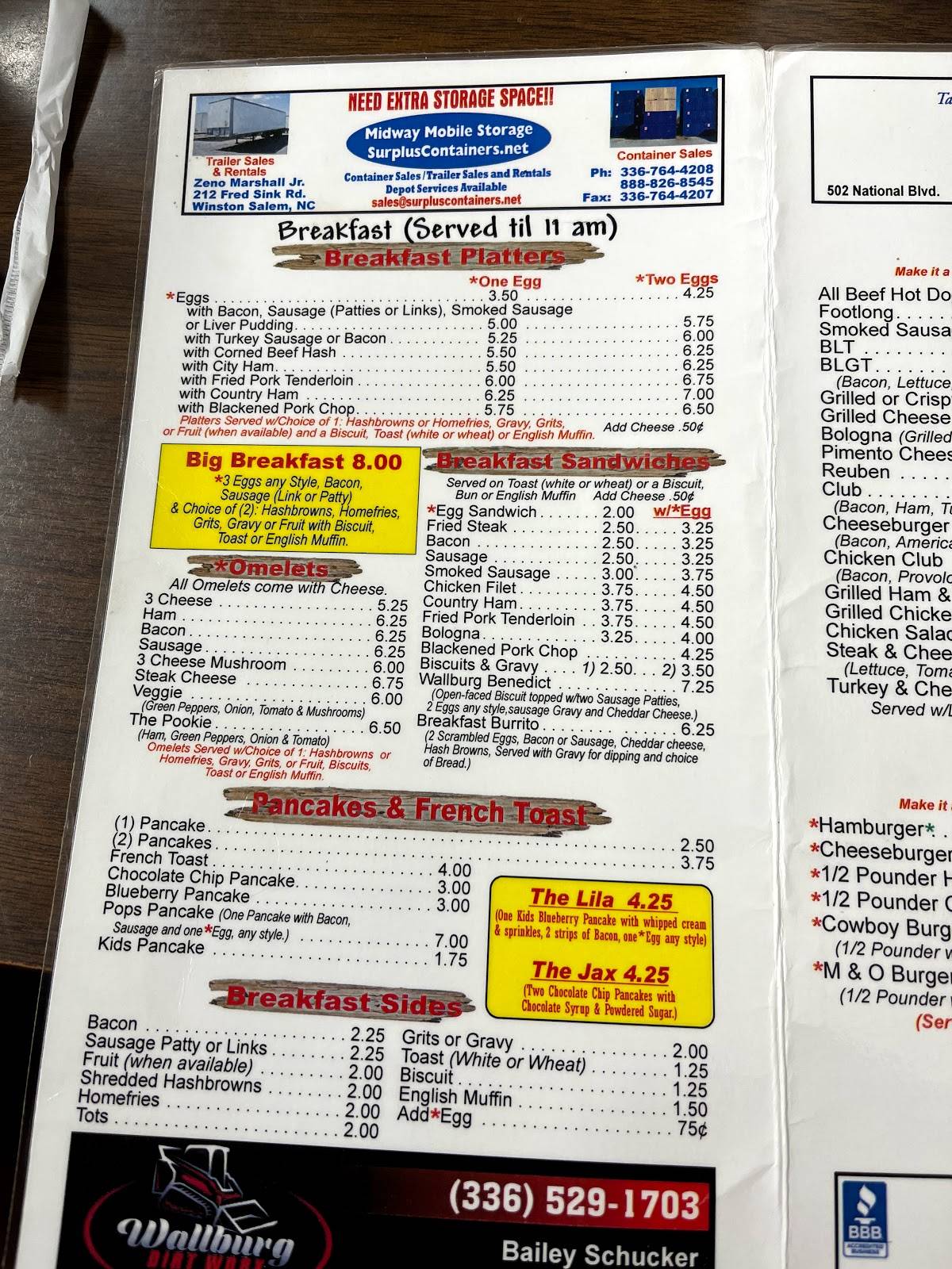 Menu at Wallburg Diner restaurant, Wallburg, NC109