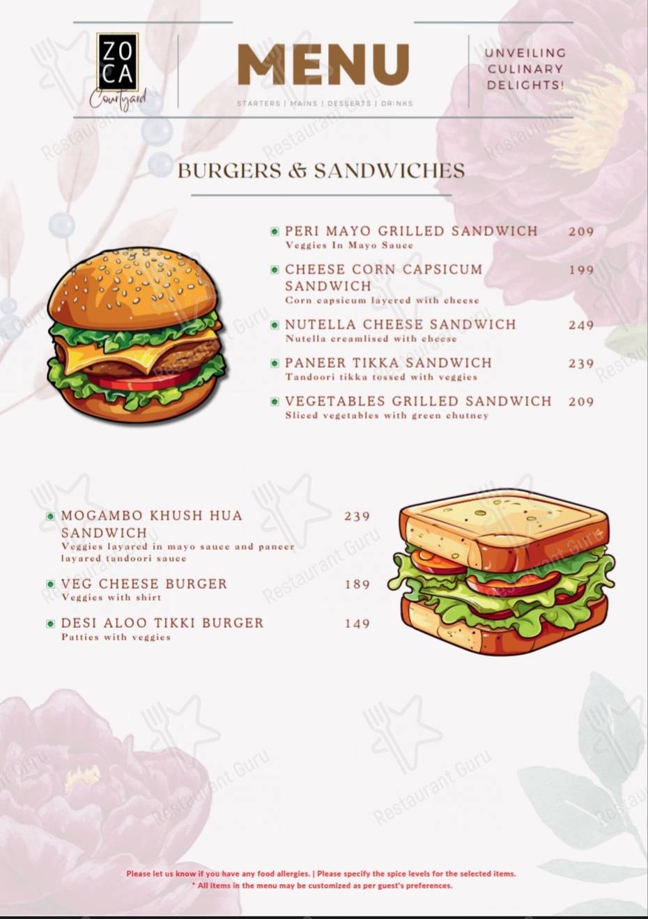 Menu for the Zoca Courtyard Barmer restaurant