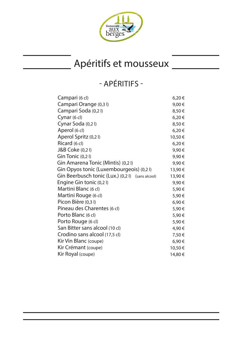 Menu de Restaurant aux Berges (PIDAL)
