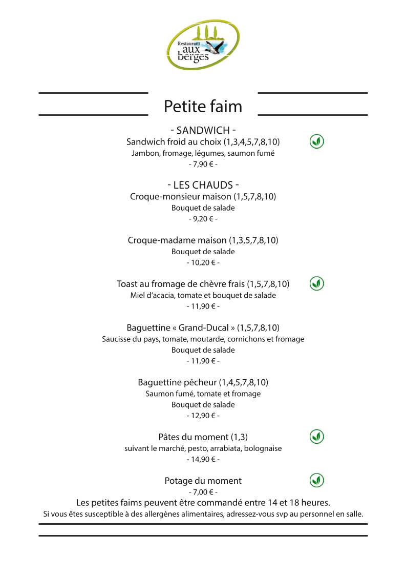 Menu de Restaurant aux Berges (PIDAL)