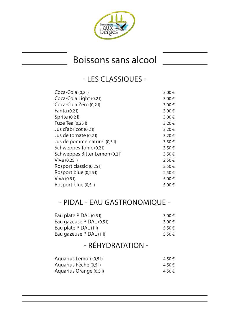 Menu de Restaurant aux Berges (PIDAL)