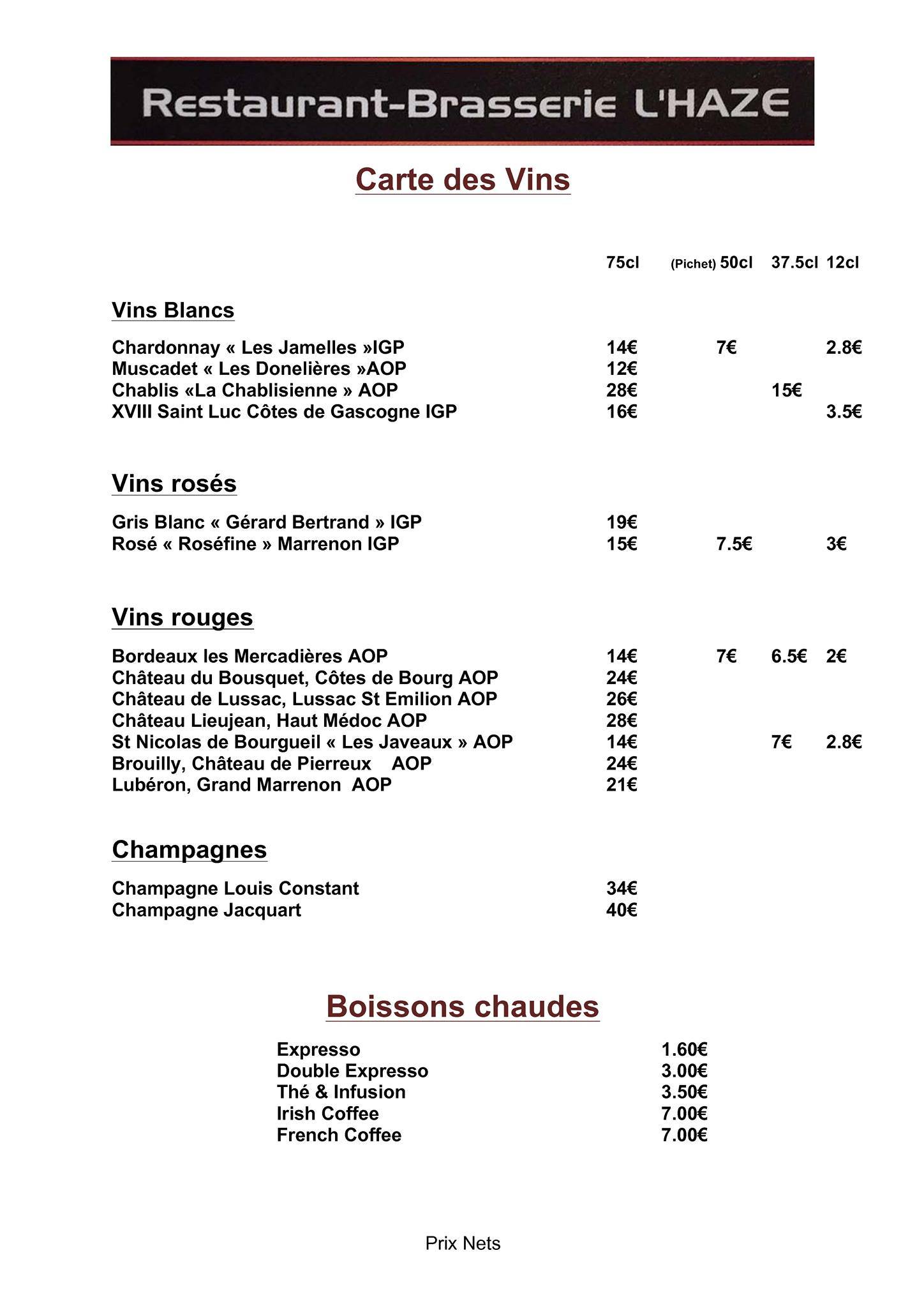 Menu de Brasserie-Restaurant L'HAZE
