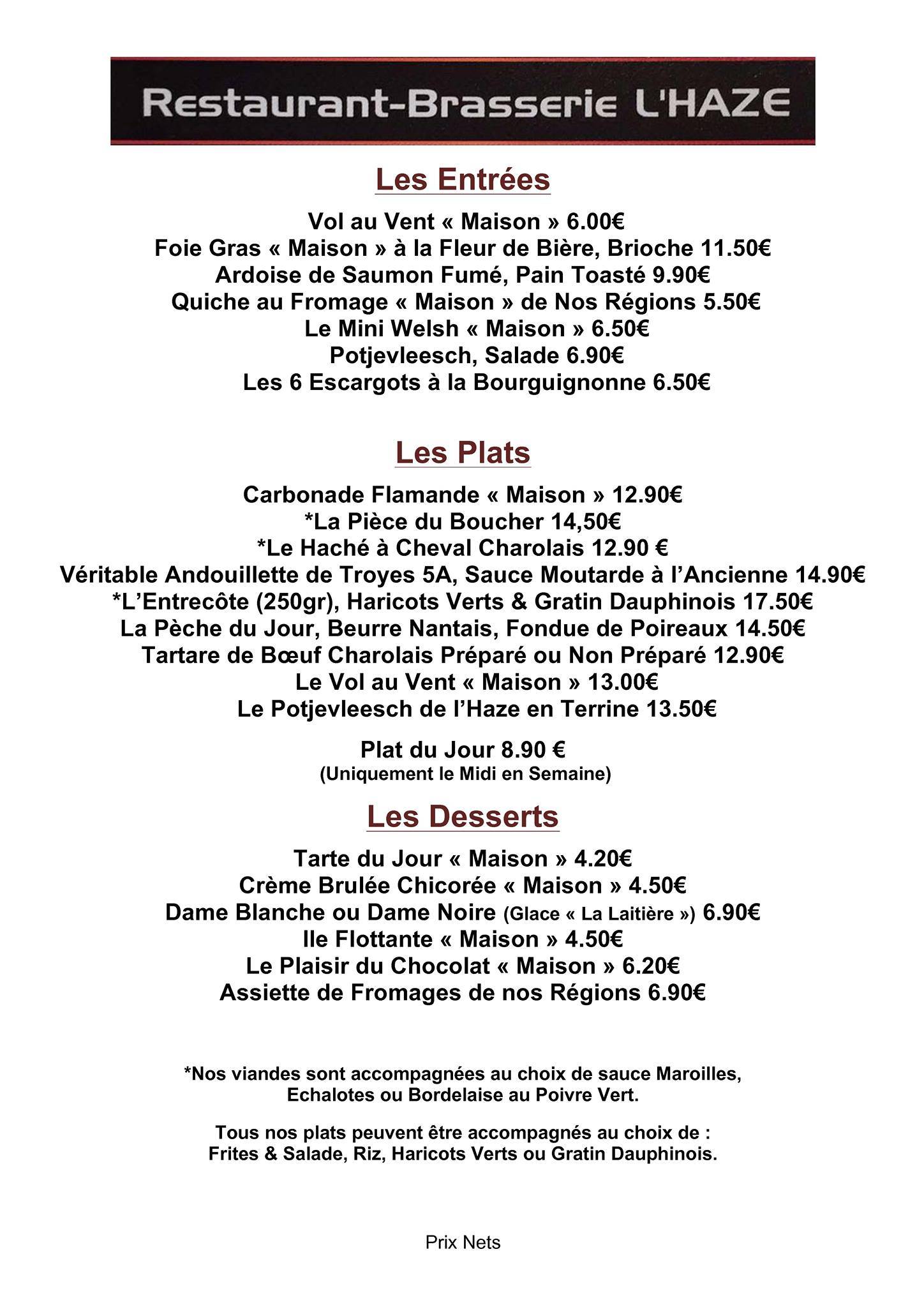 Menu de Brasserie-Restaurant L'HAZE