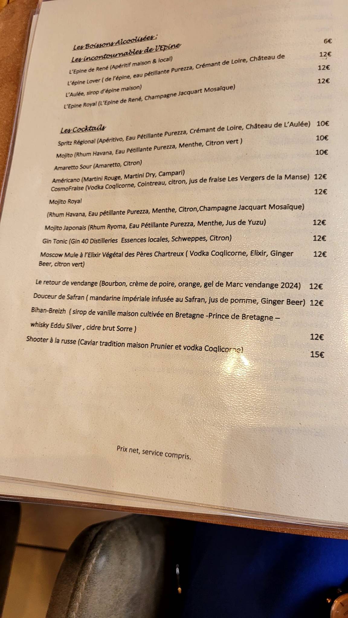 Menu de L'Épine Restaurant Azay le Rideau