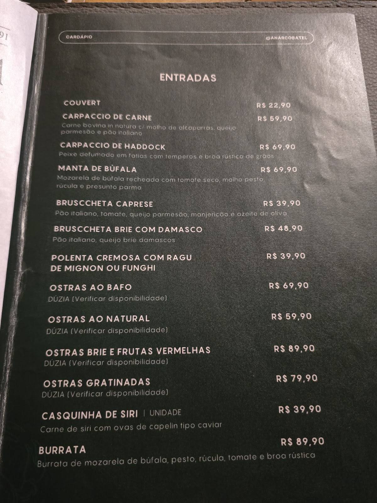 Anarco Batel - Restaurante Italiano em Curitiba cardápio