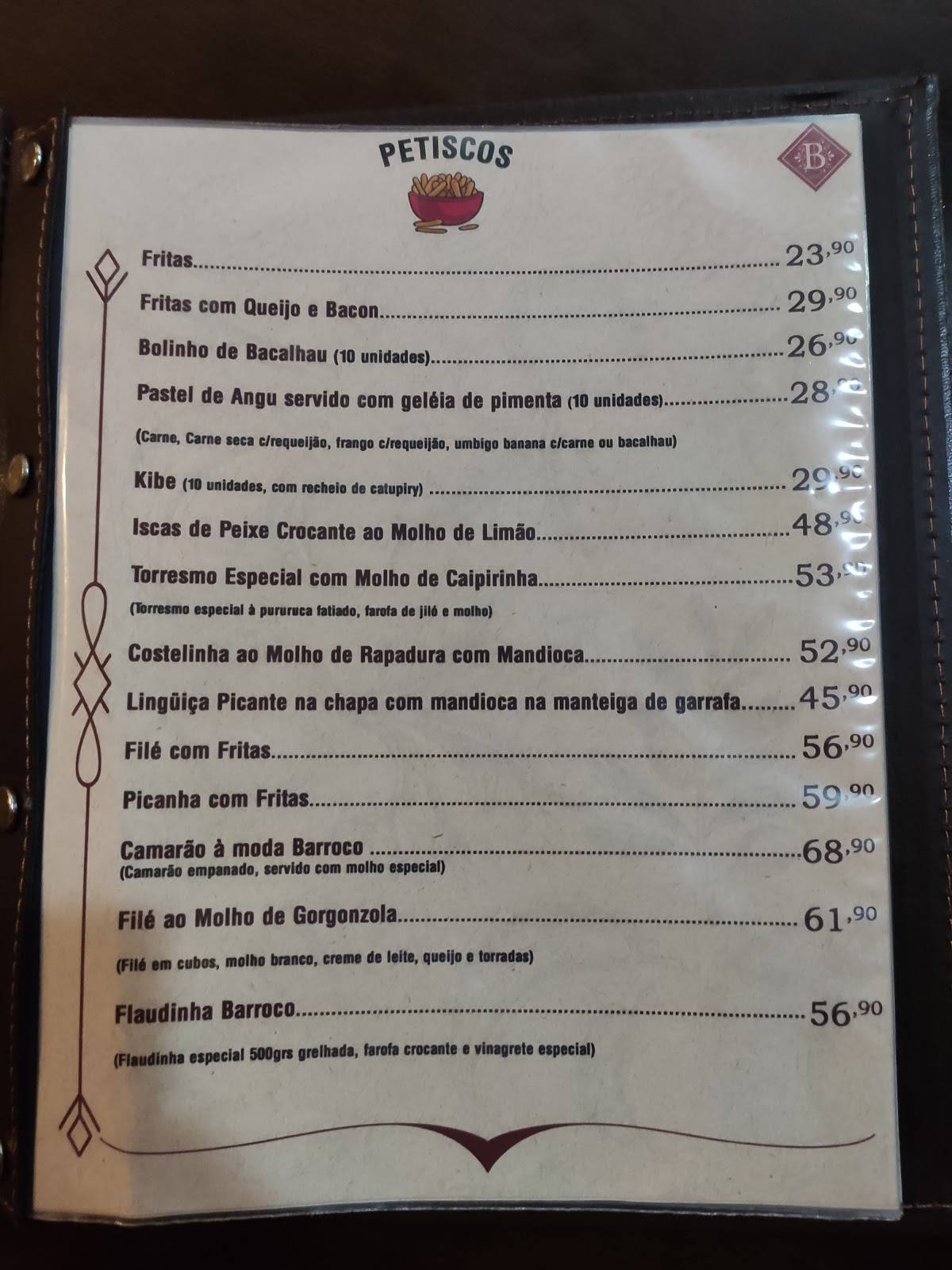 Restaurante Barroco Mineiro cardápio