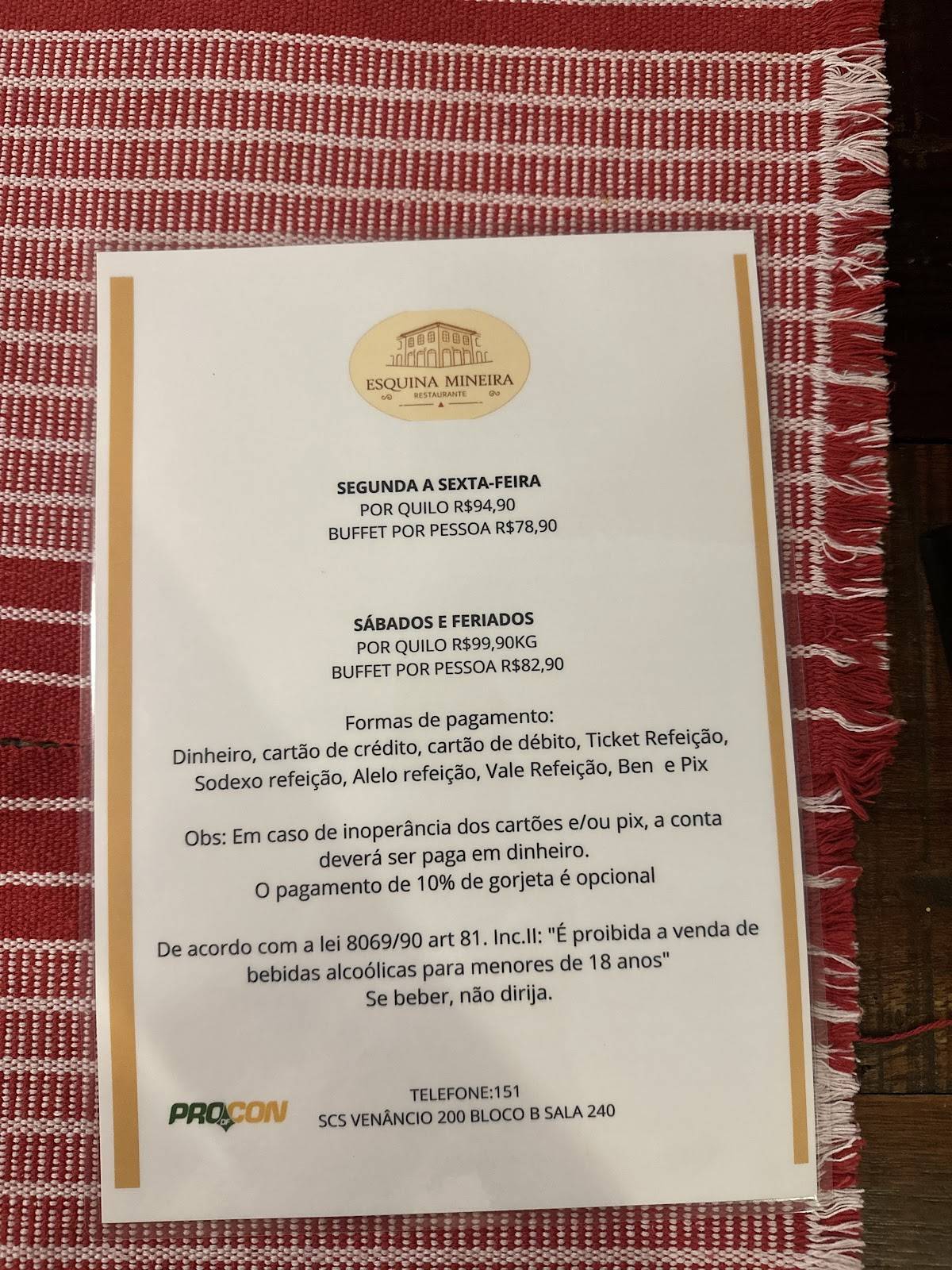 Restaurante Esquina Mineira cardápio