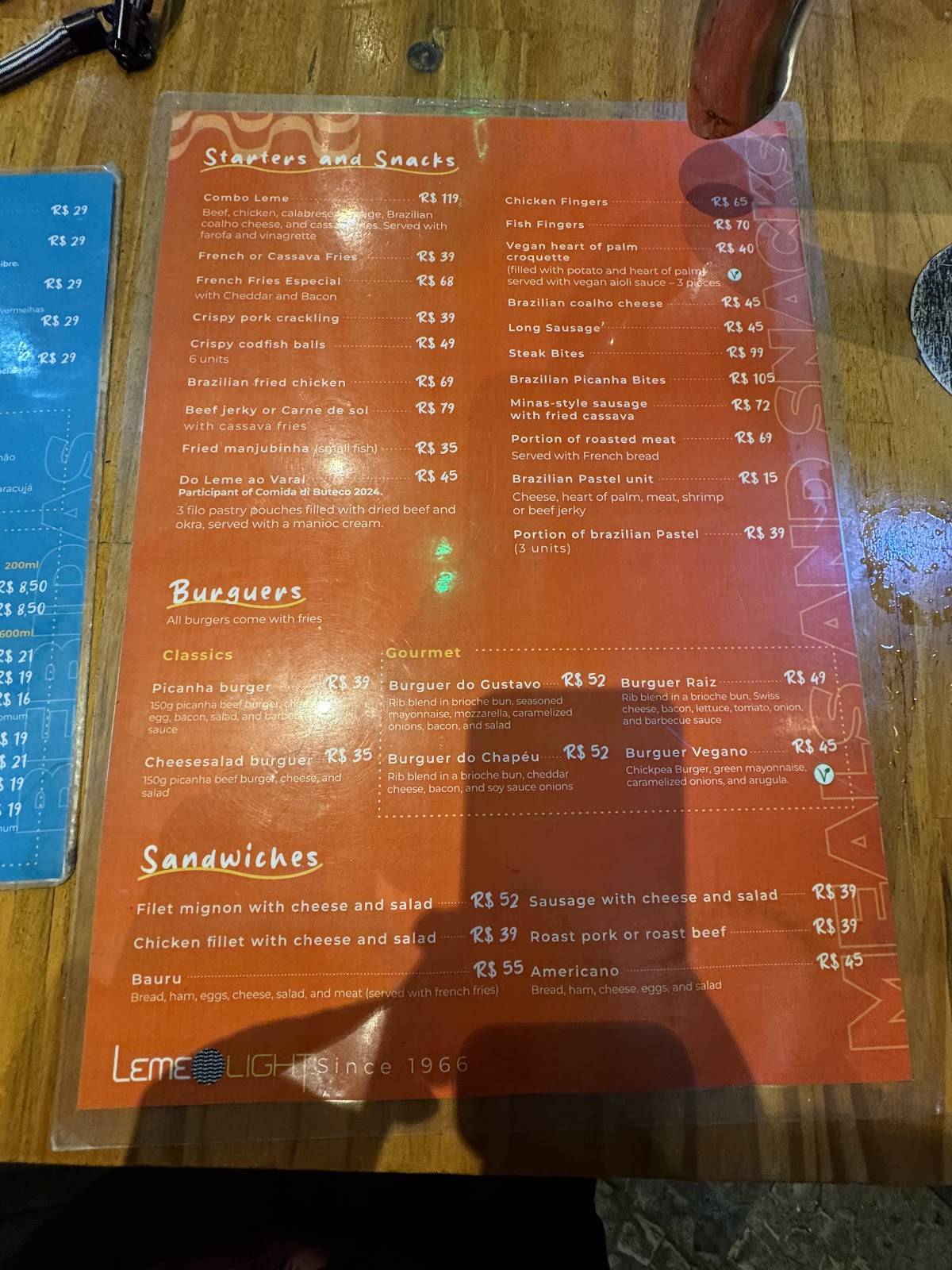 Restaurante Leme Light cardápio