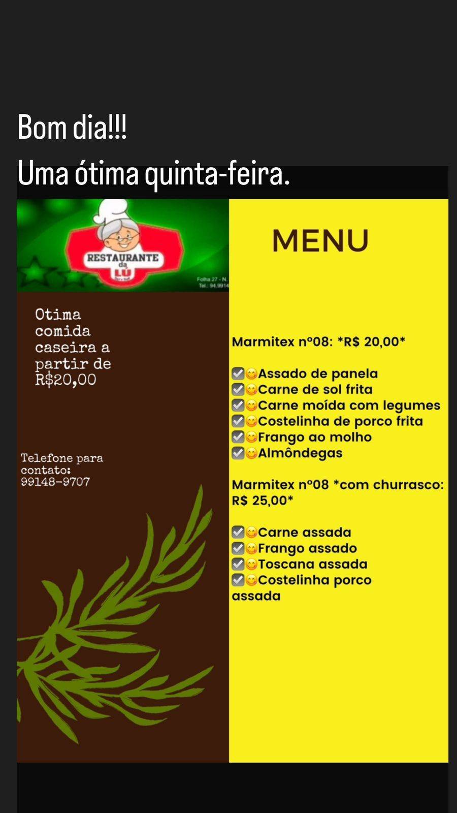 Restaurante da Lú - Comida Caseira Entrega Grátis Nova Marabá cardápio
