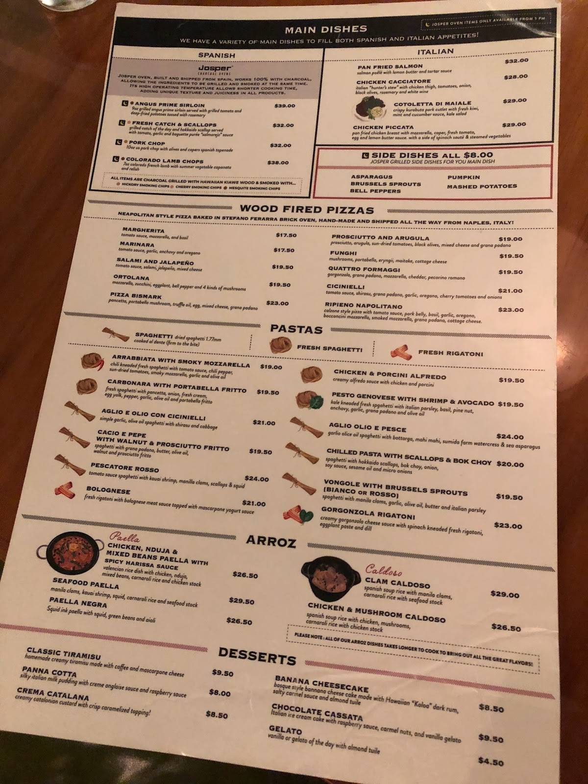 Menu at Rigo Spanish Italian restaurant, Honolulu