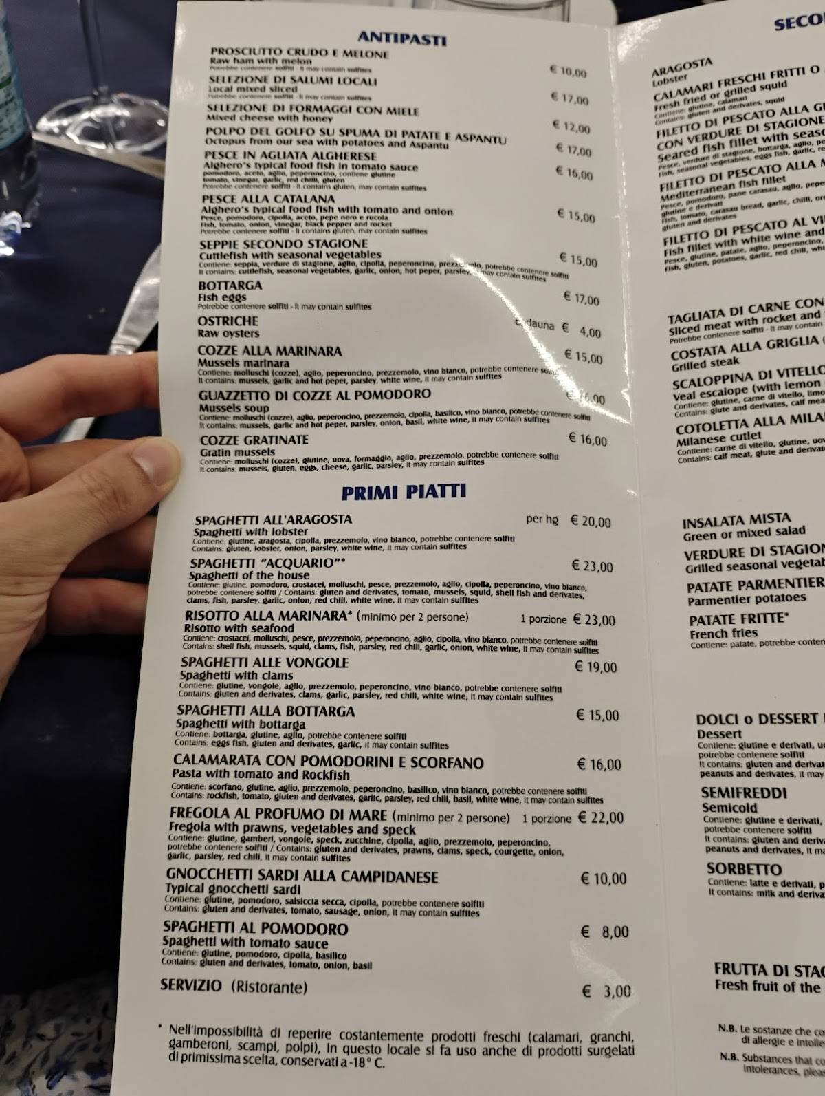 Menu di Ristorante Acquario 