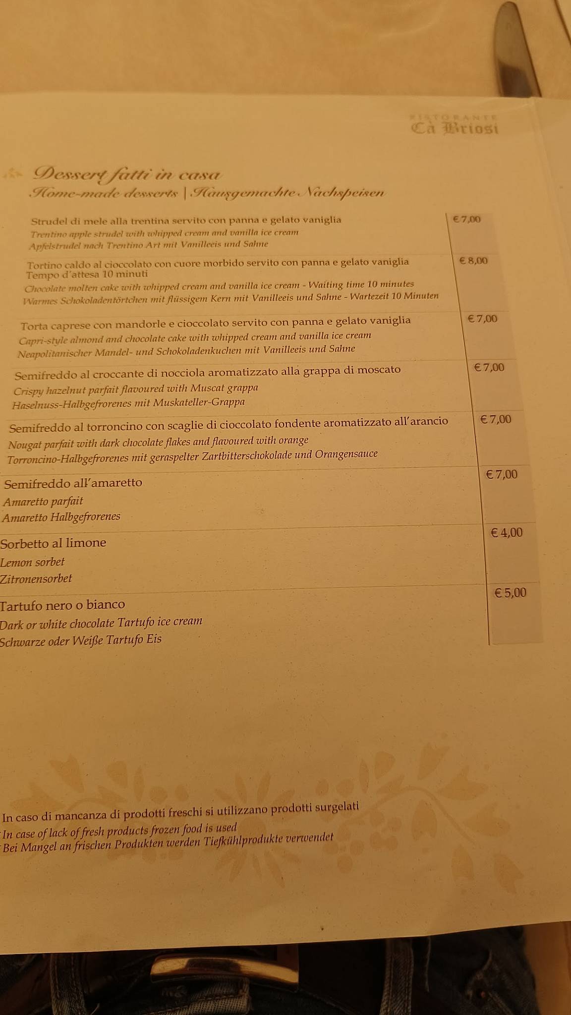 Menu di Ristorante Ca' Briosi - Carne Salada Cologna di Tenno 