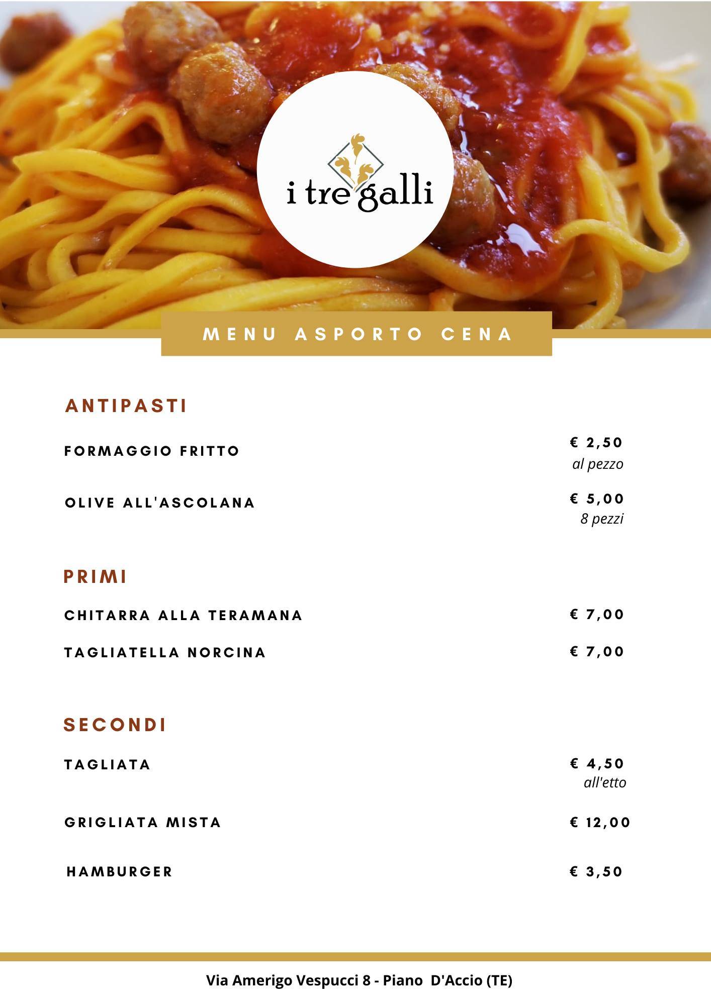 Menu di Ristorante I Tre Galli Piano D'Accio Nepezzano 