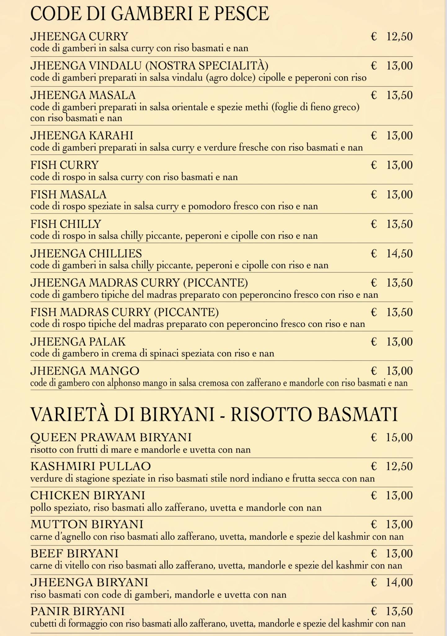Menu di Ristorante Indiano e Pizzeria Tre Ponti 