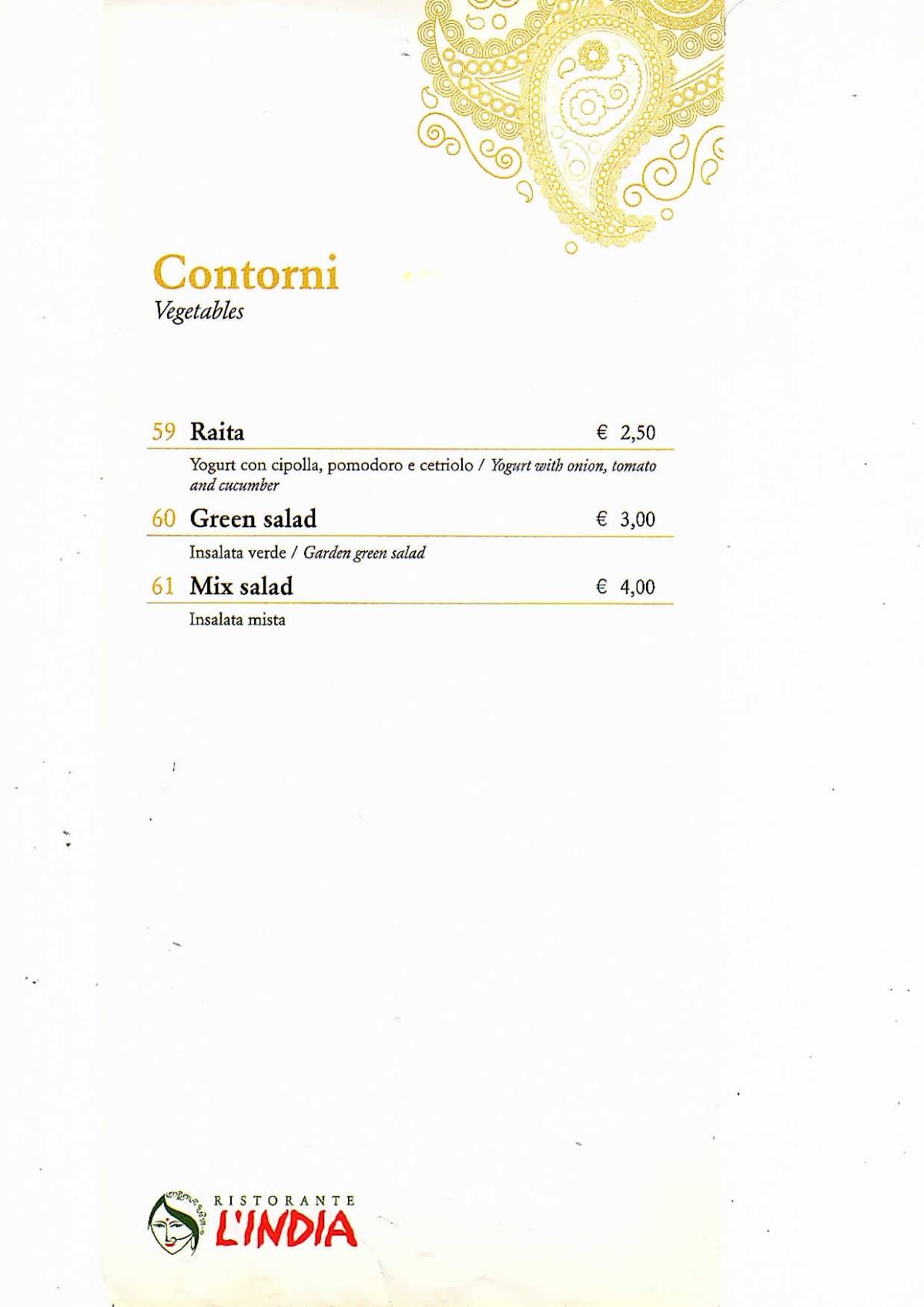 Menu di Ristorante L'india 
