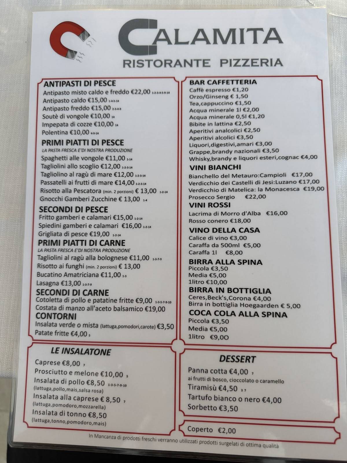 Menu di Ristorante Pizzeria Calamita 
