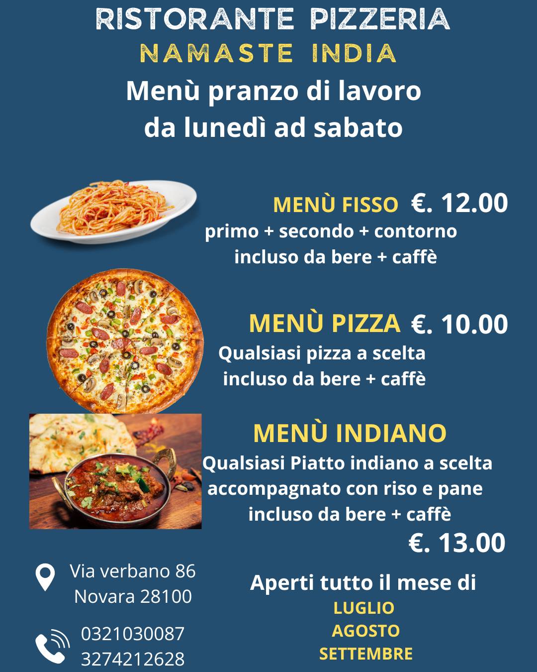 Menu di Ristorante Pizzeria Namaste India Cucina Indiana, Italiana e Pizza 