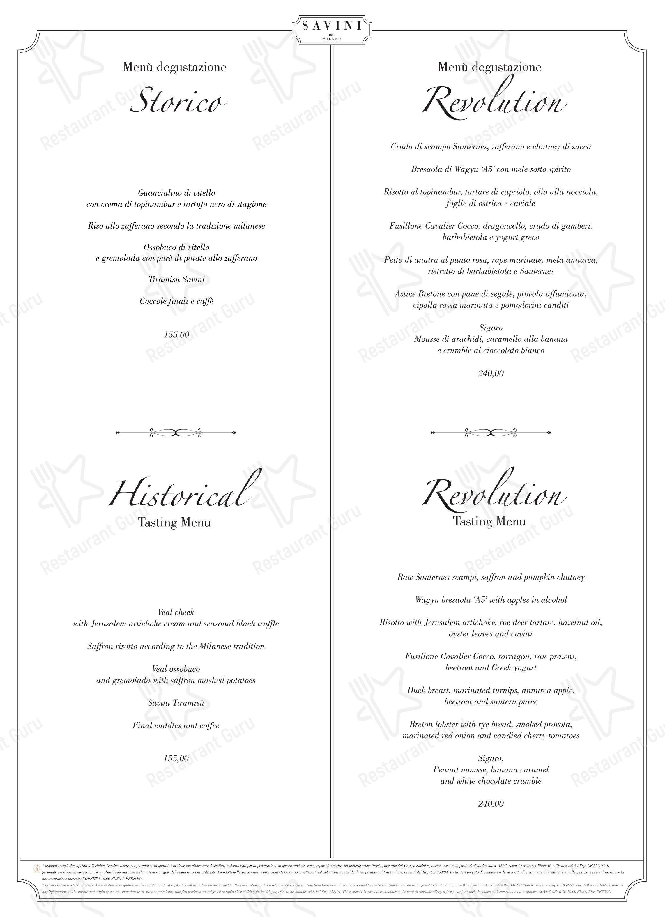 Menu di Savini 1867 - pasti e bevande