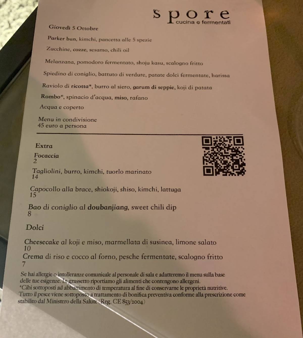 Menu di Ristorante Spore 