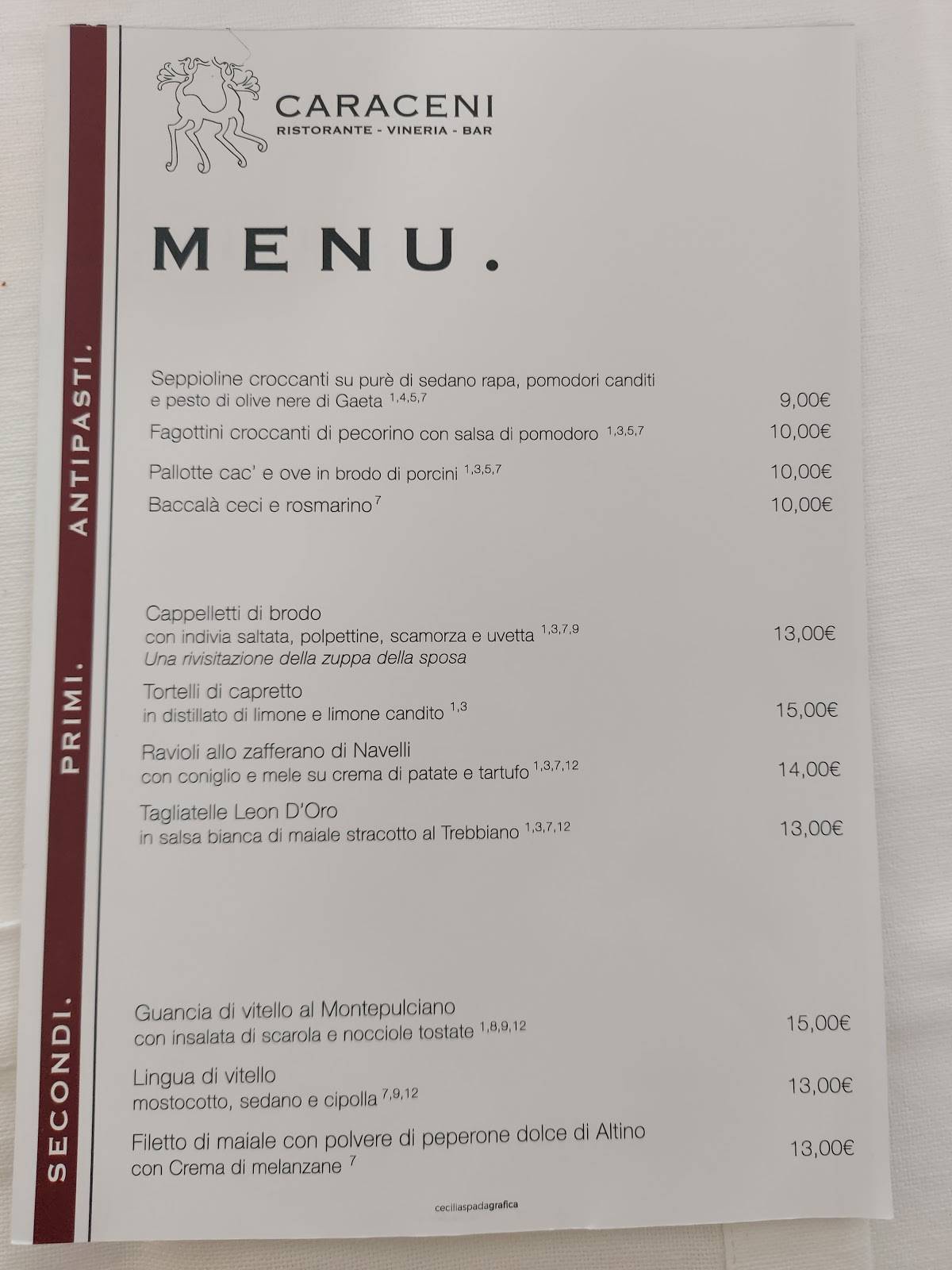 Menu di Ristorante Vineria Bar Caraceni 