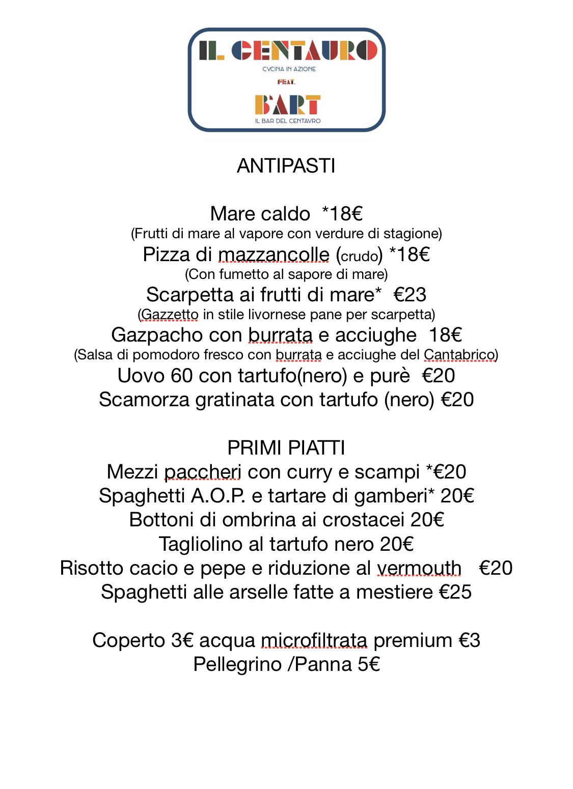 Menu di Ristorante il Centauro + b’art 