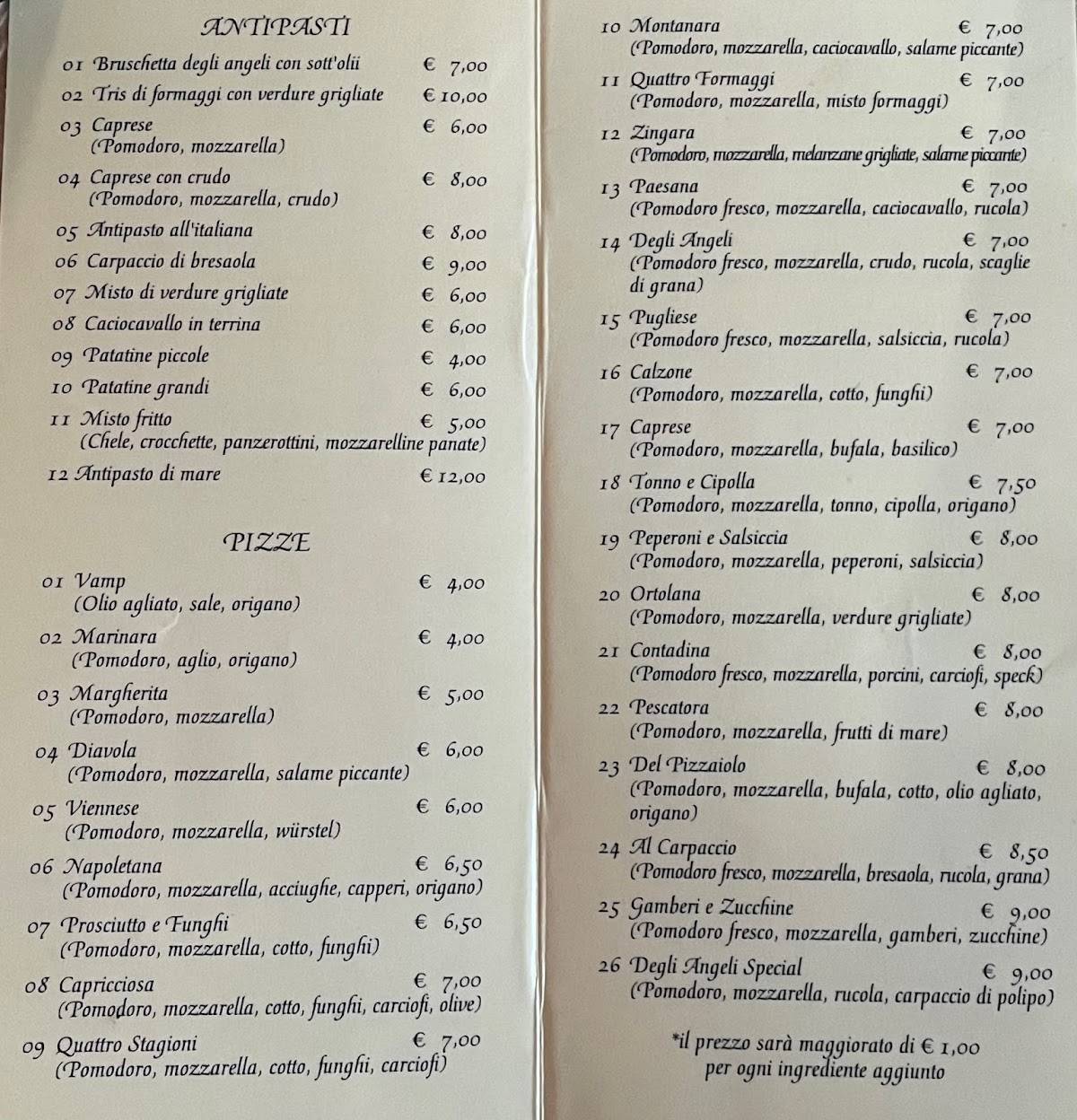 Menu di Ristoro degli Angeli 