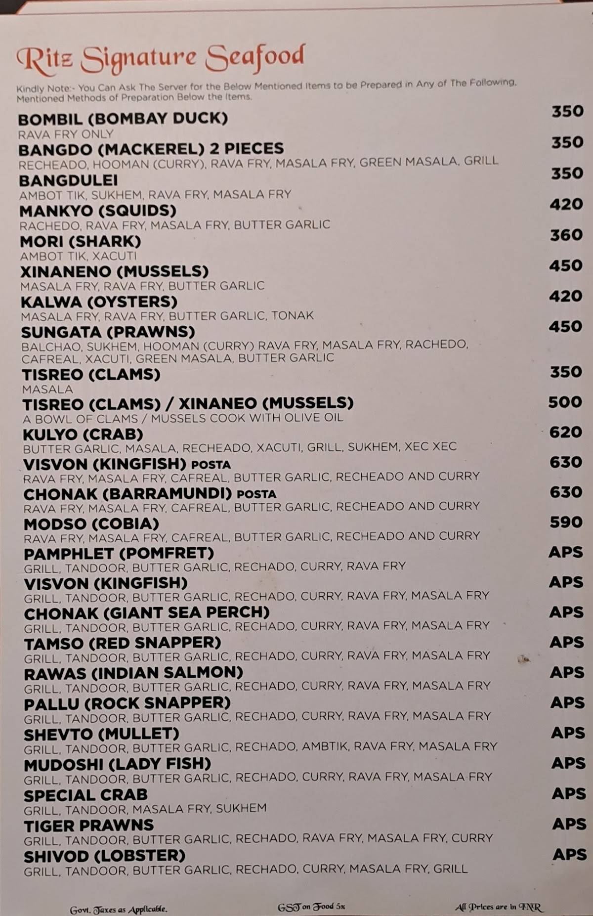 Ritz Classic-Patto menu