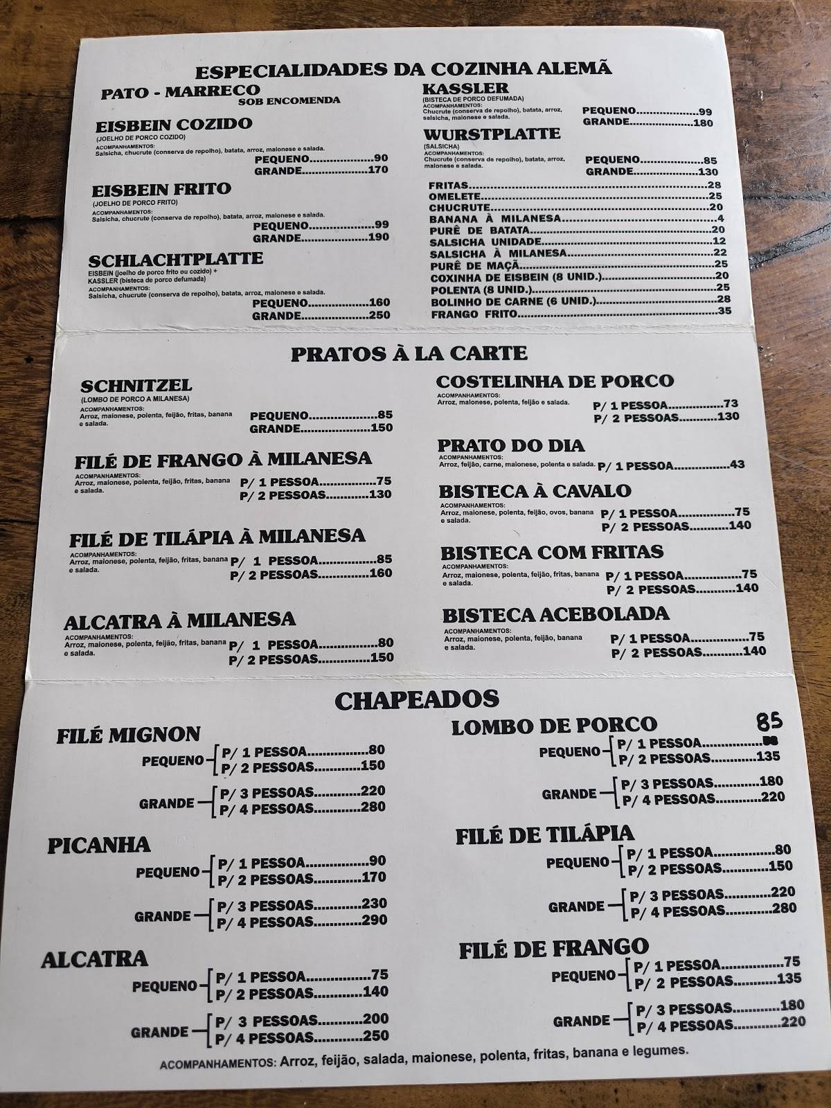 Restaurante Porto Alegre cardápio