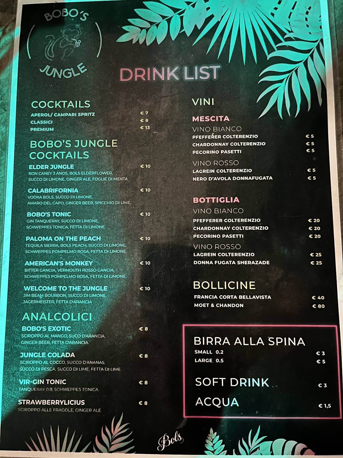 Menu di Bobo’s Jungle 