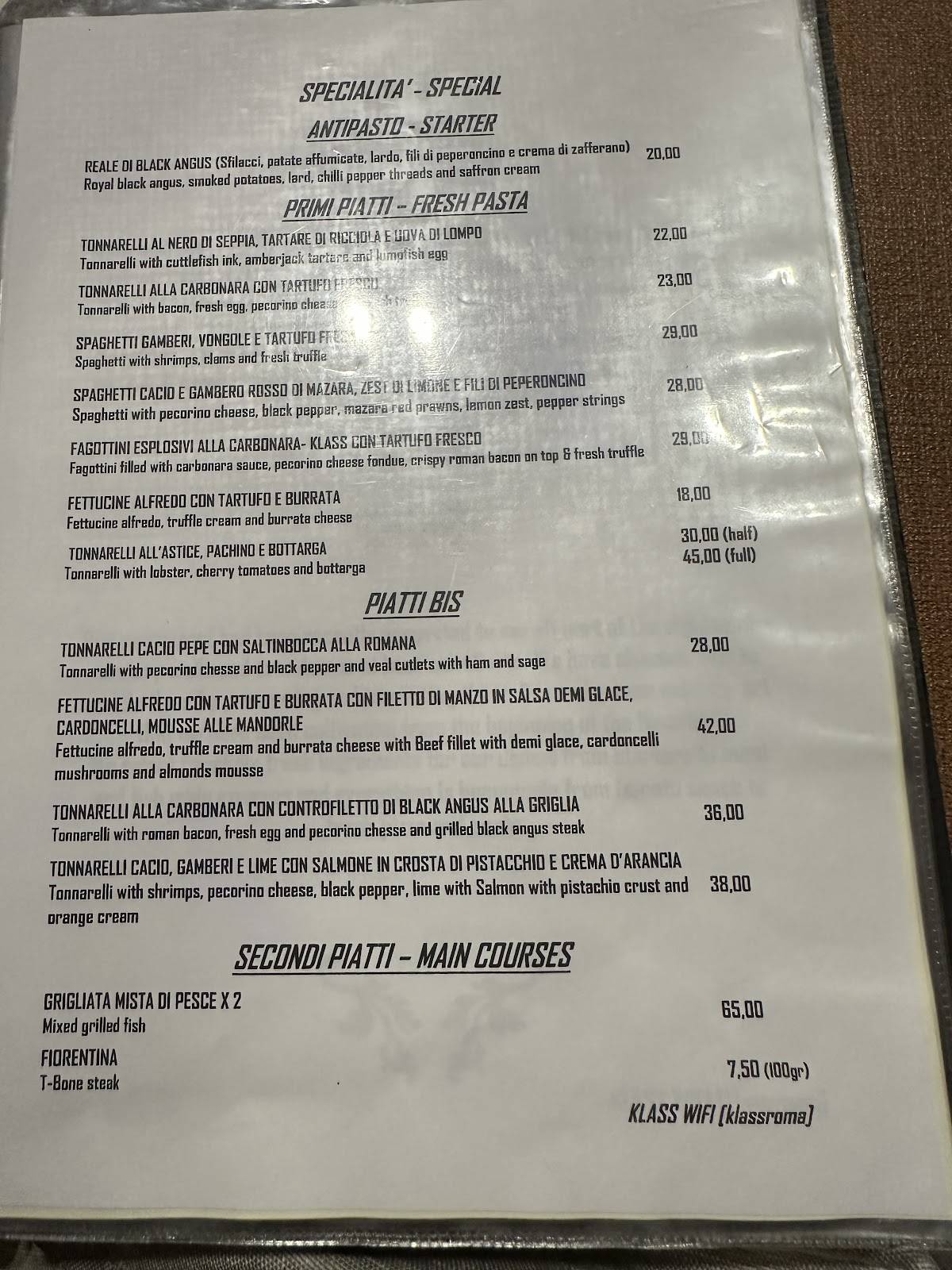Menu di Klass Restaurant 