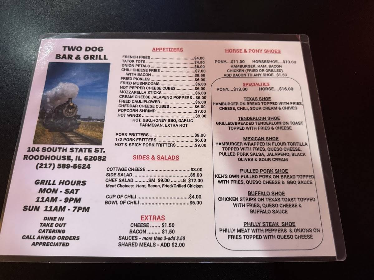 Menu at Two Dog Bar & Grill, Roodhouse, 104 S State St