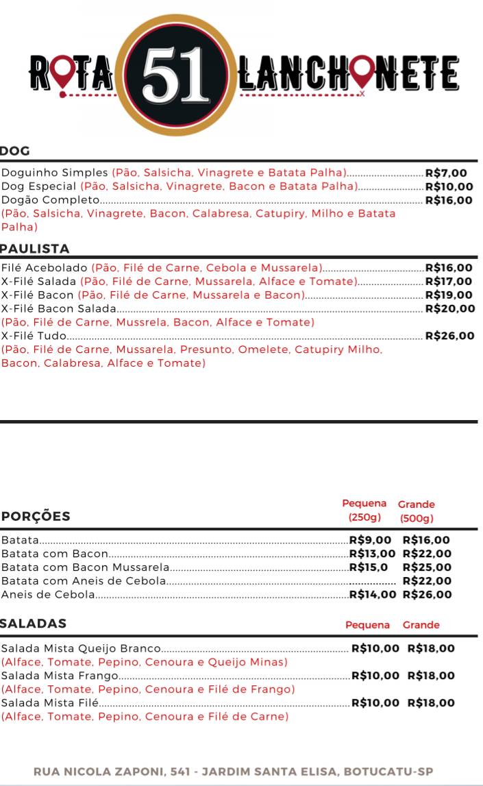 Rota 51 Lanchonete cardápio