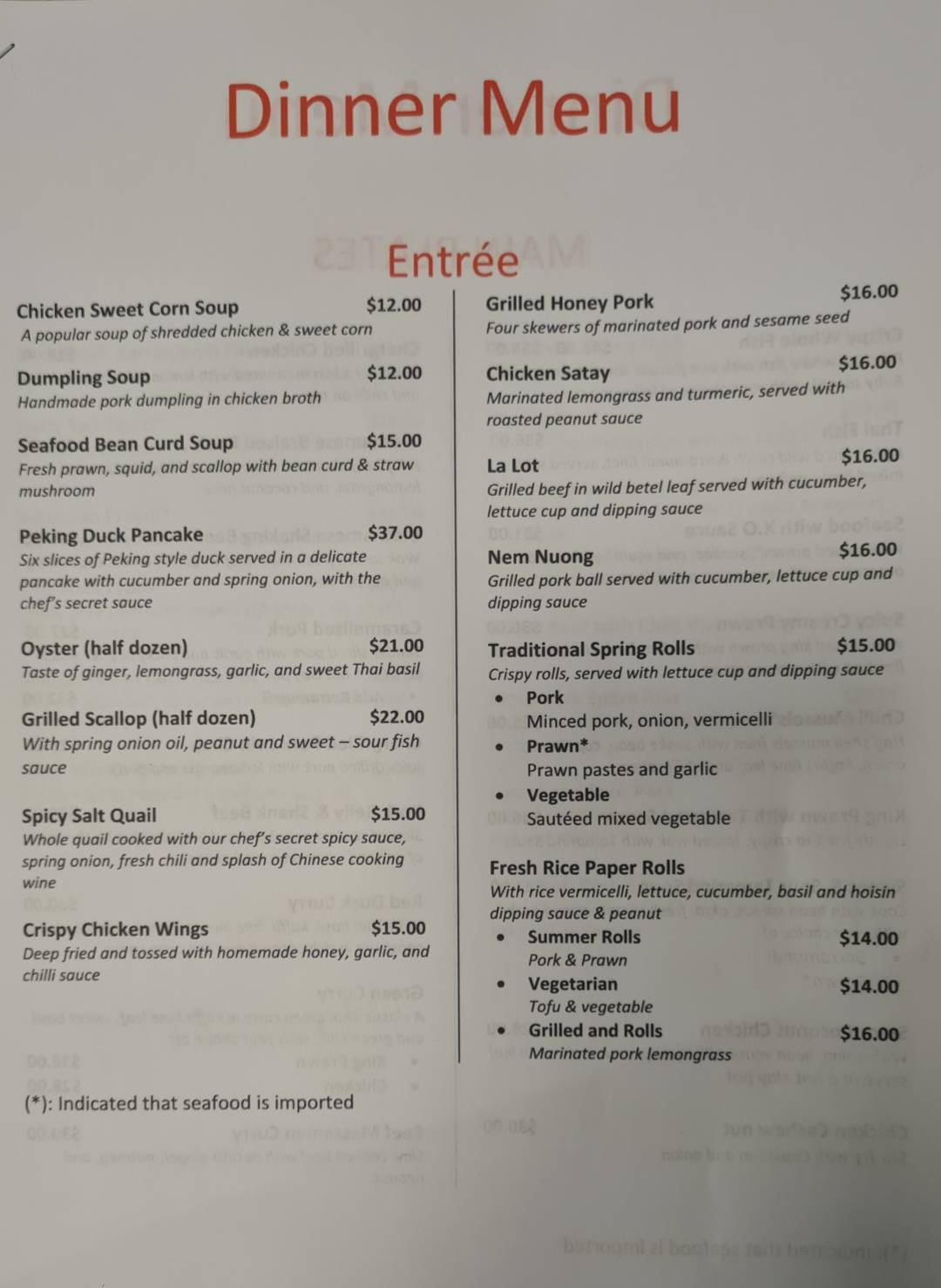 Menu at Ruby Vietnamese Restaurant, Darwin City