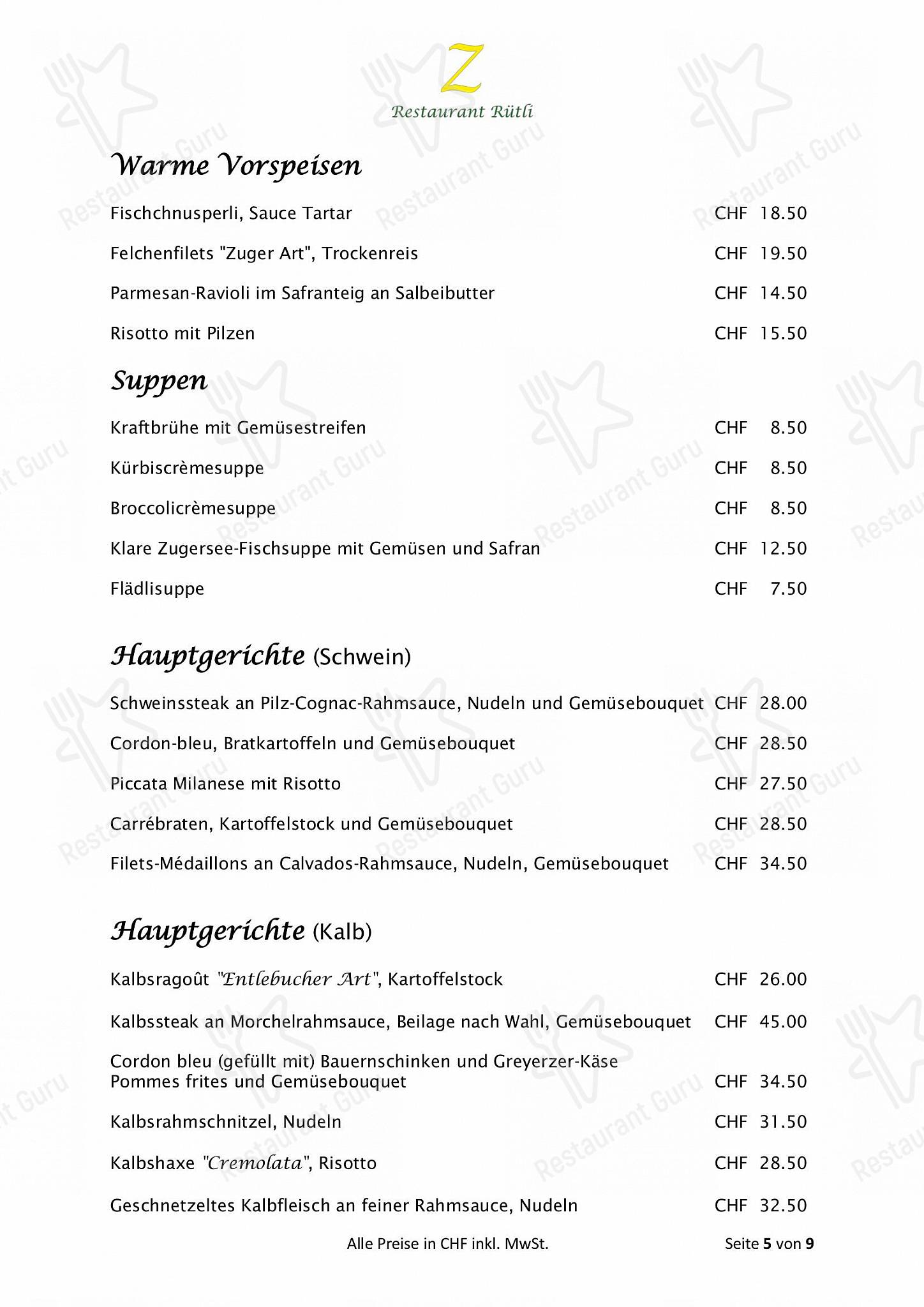 Lunch Menu per Zeno's Restaurant Rütli in Zugo