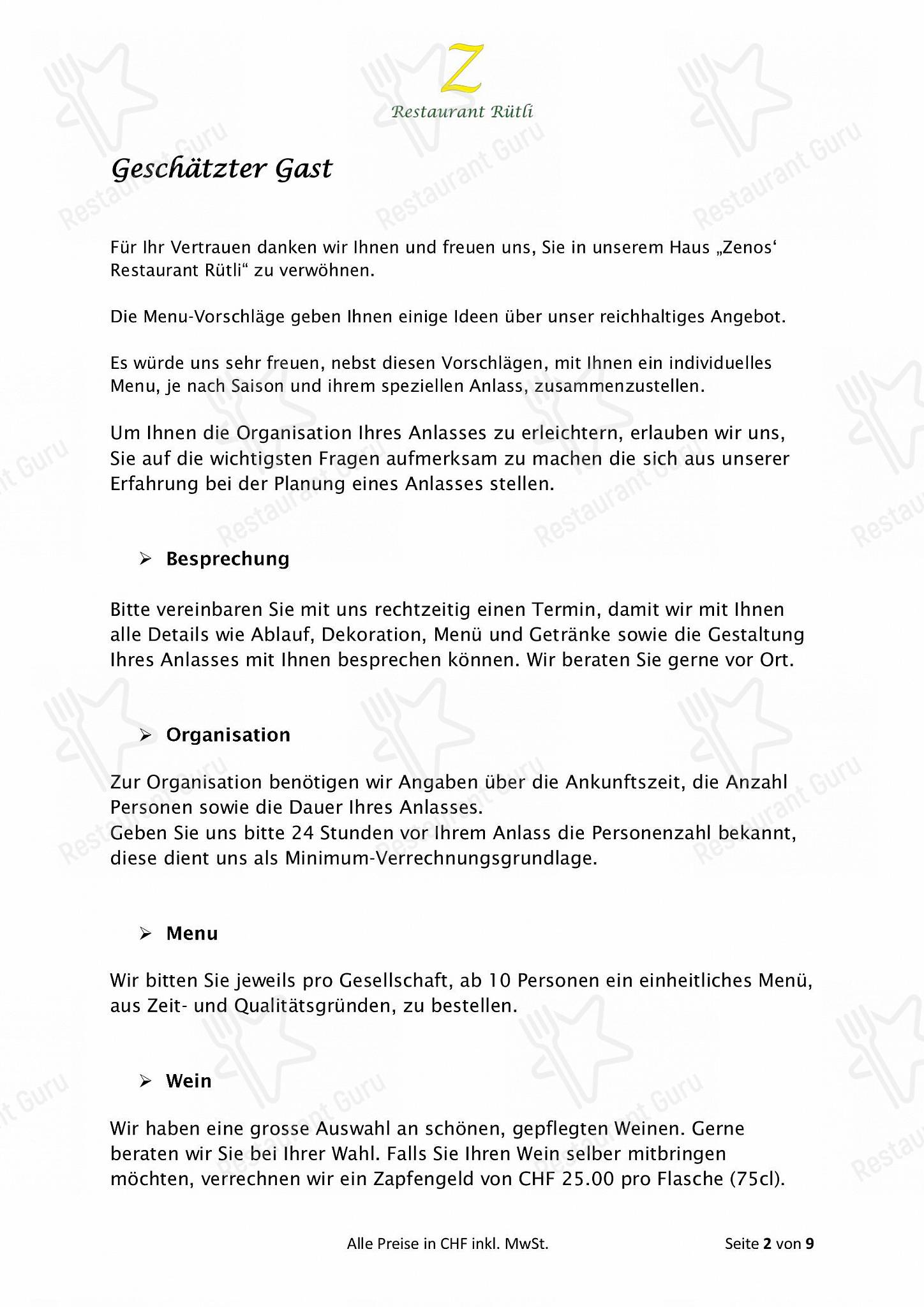 Menu di Zeno's Restaurant Rütli - Lunch Menu