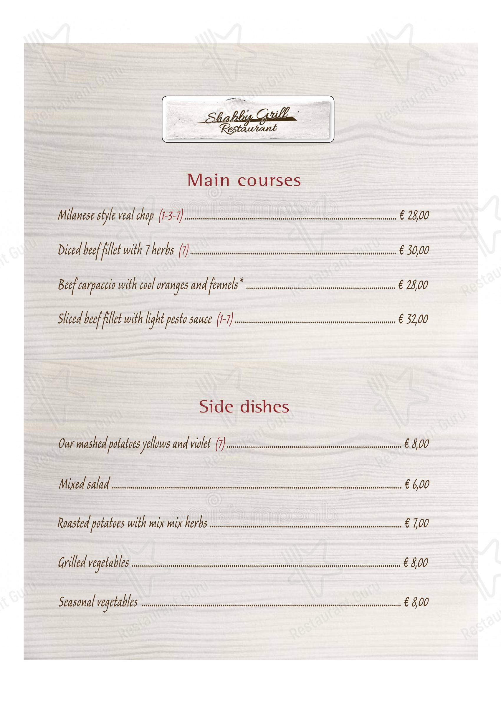 菜单 de restaurante SHABBY GRILL – LA MIGLIOR CARNE FROLLATA DI MILANO