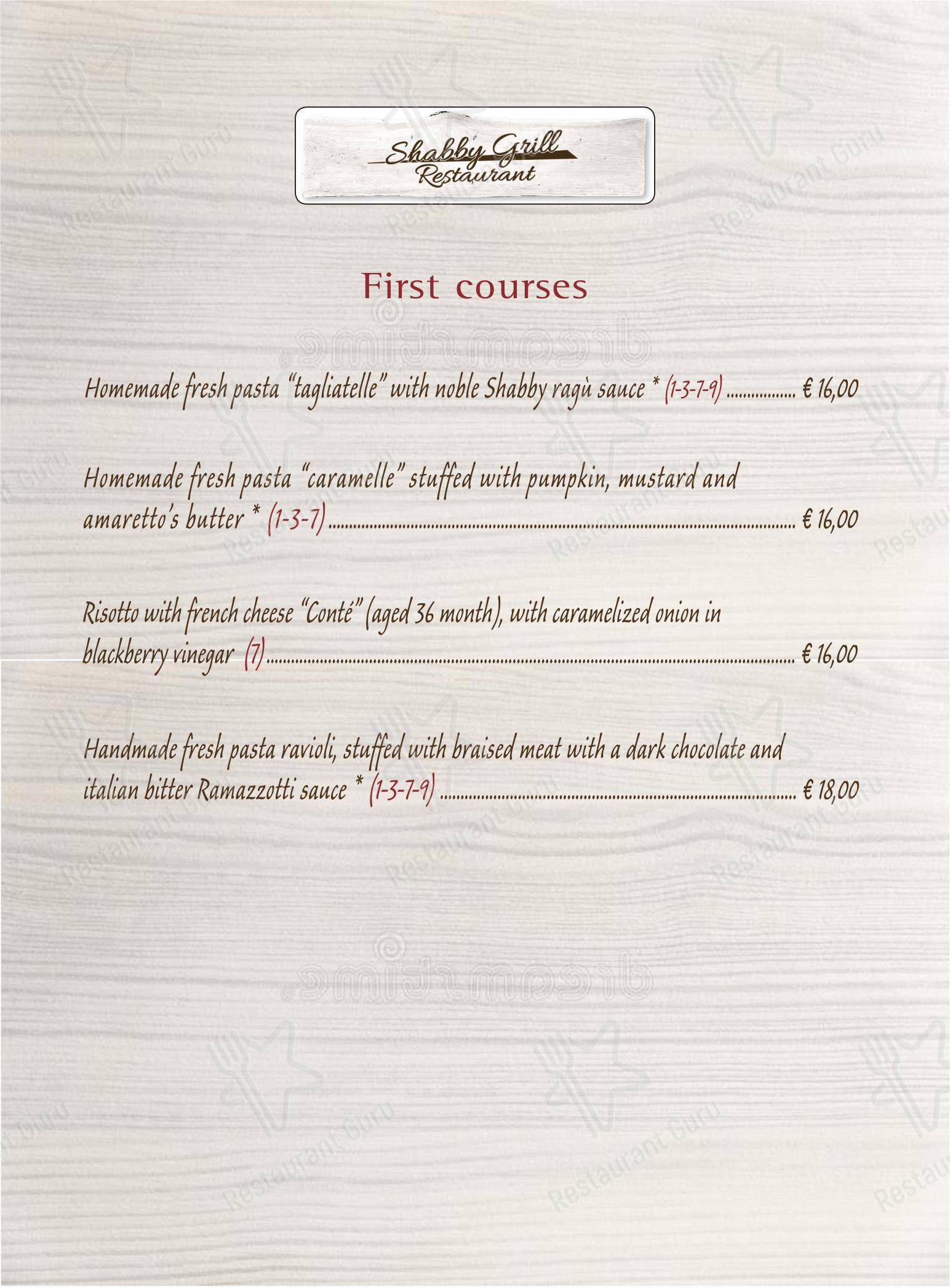 Menu bar de restaurante SHABBY GRILL – LA MIGLIOR CARNE FROLLATA DI MILANO