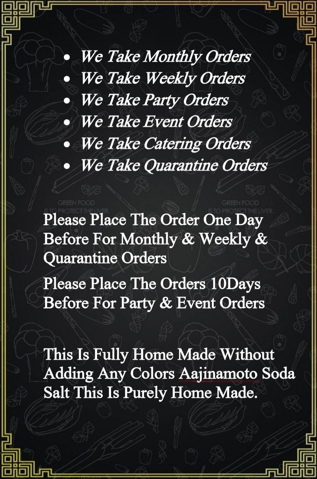 SR HOME MADE FOODS menu