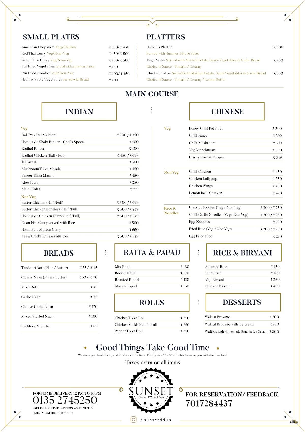 SUNSET- Kitchen Wine Beer menu