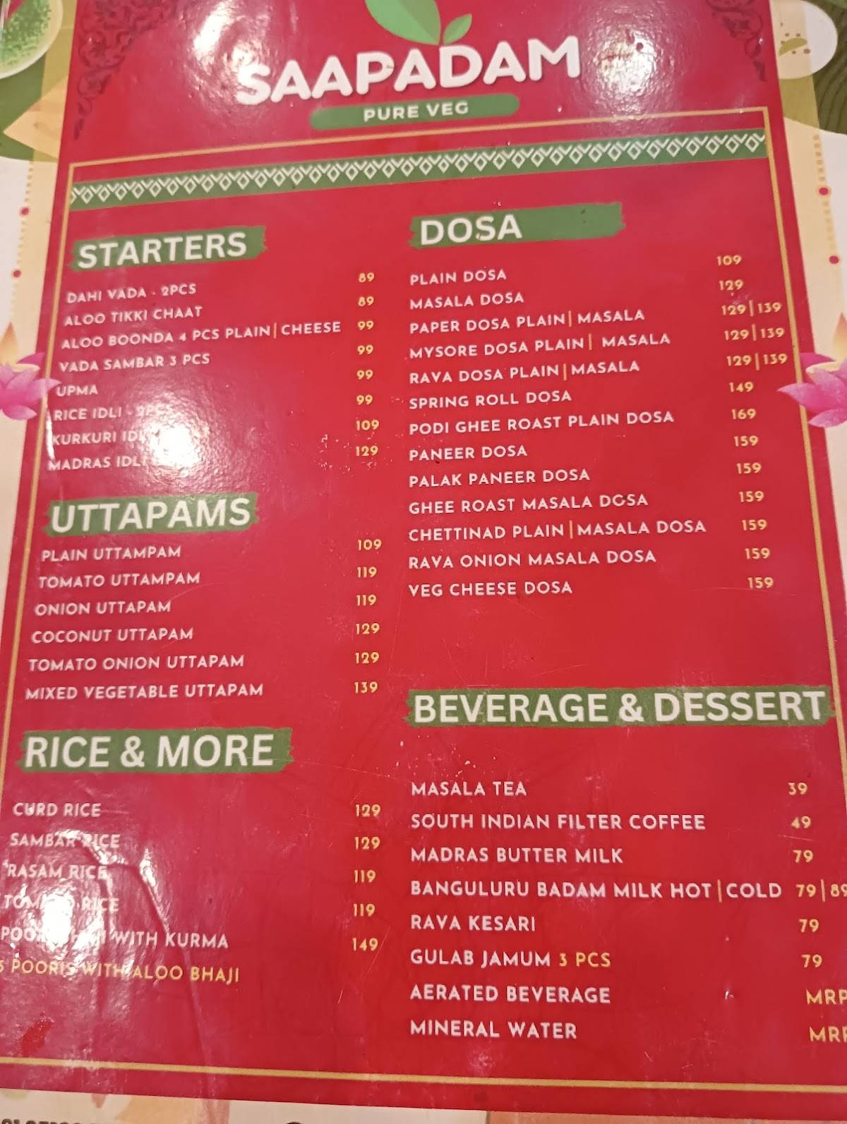 Saapadam menu