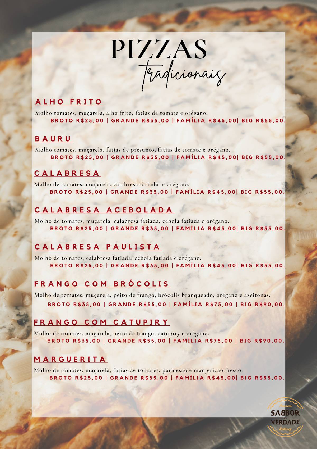 Sabbor de Verdade - Delivery de Pizzas cardápio