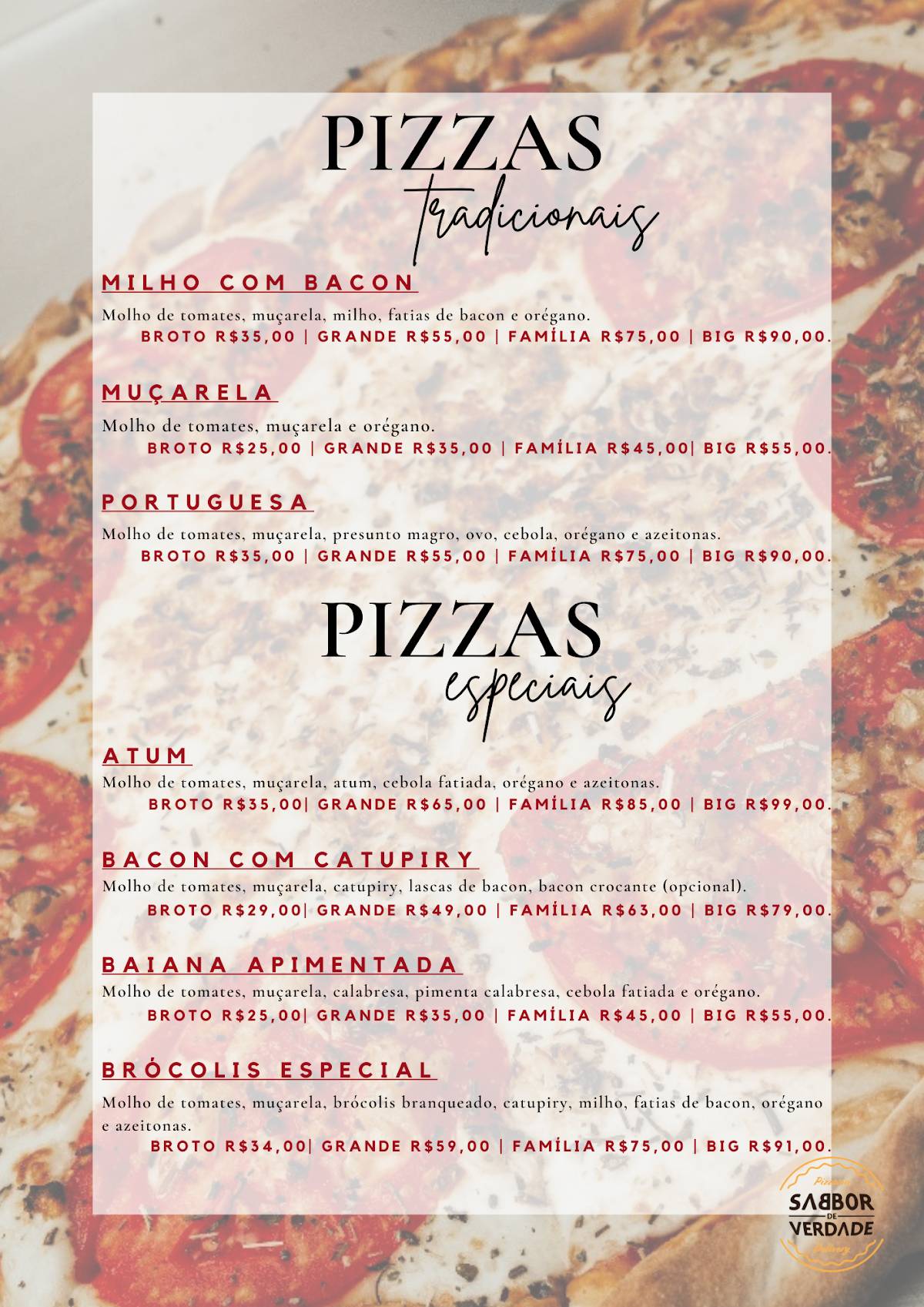 Sabbor de Verdade - Delivery de Pizzas cardápio