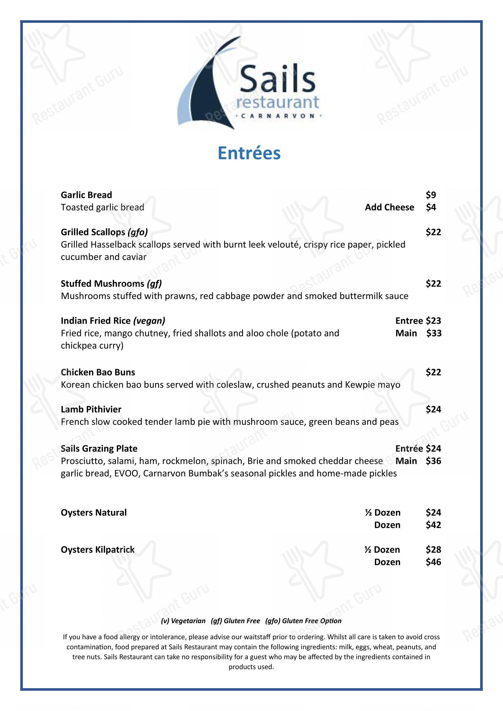 Menu at Sails Restaurant, Carnarvon, 6 West St