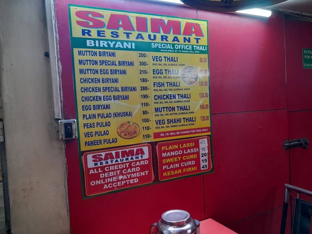 Saima Restaurant menu