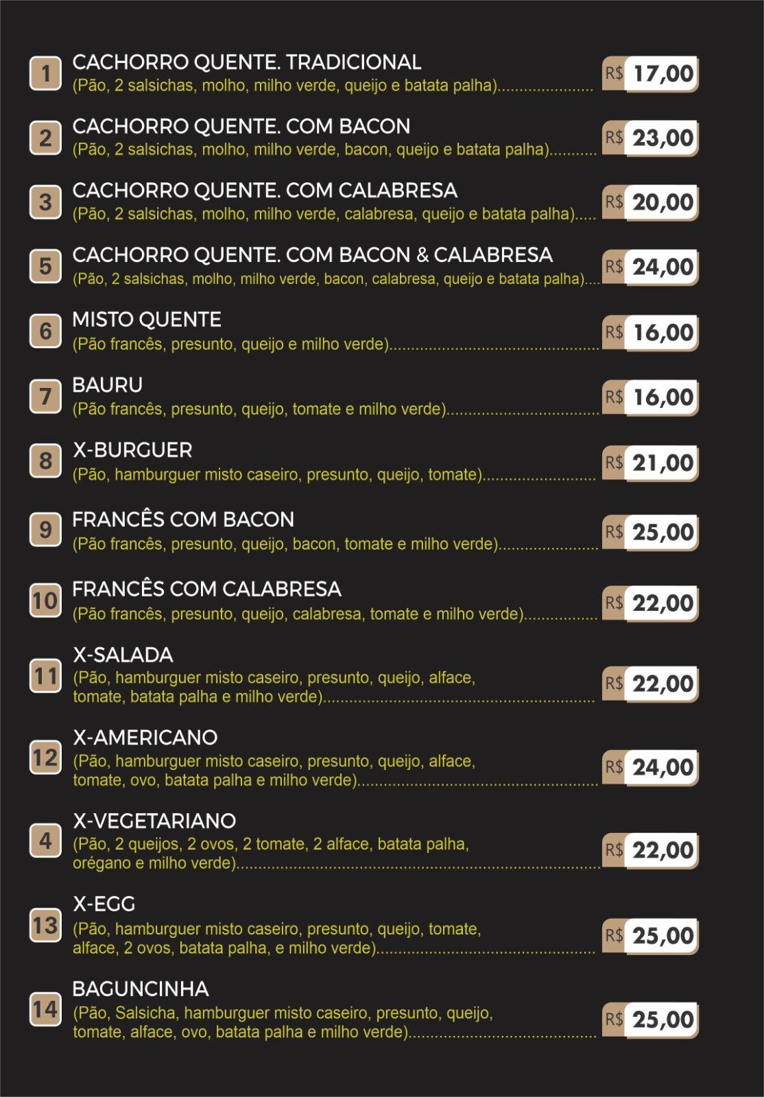 Salsicha Lanches cardápio