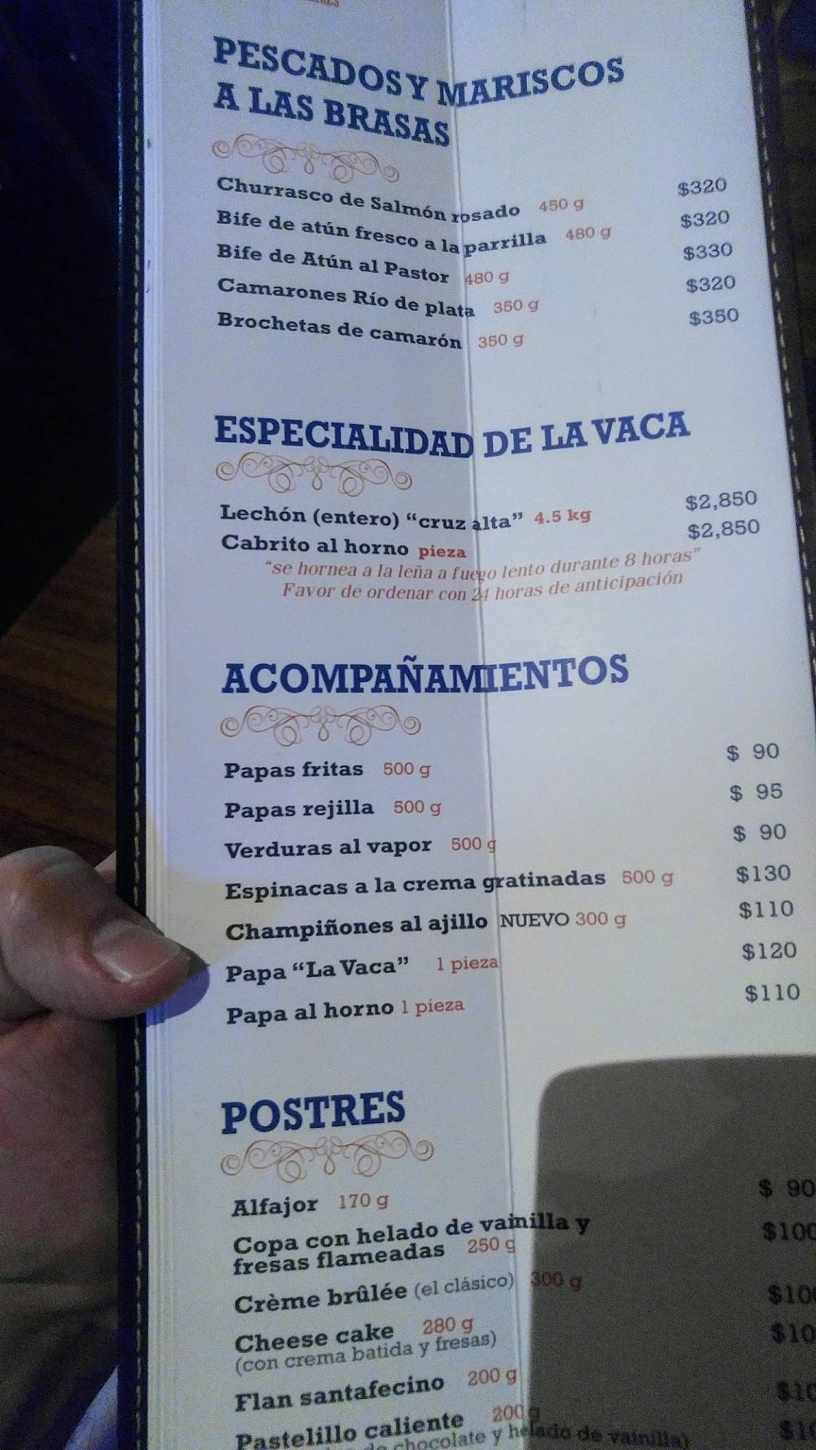 Carta de parrilla La Vaca Argentina, Saltillo