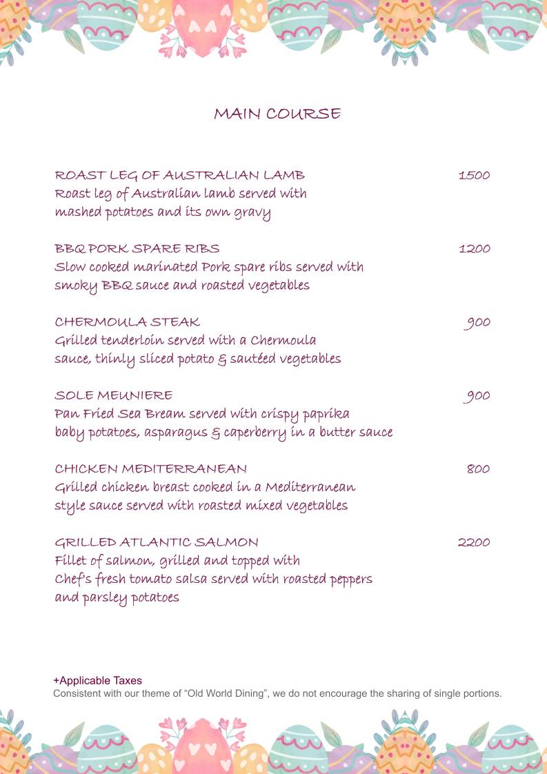 Salvadores Fine Dining menu