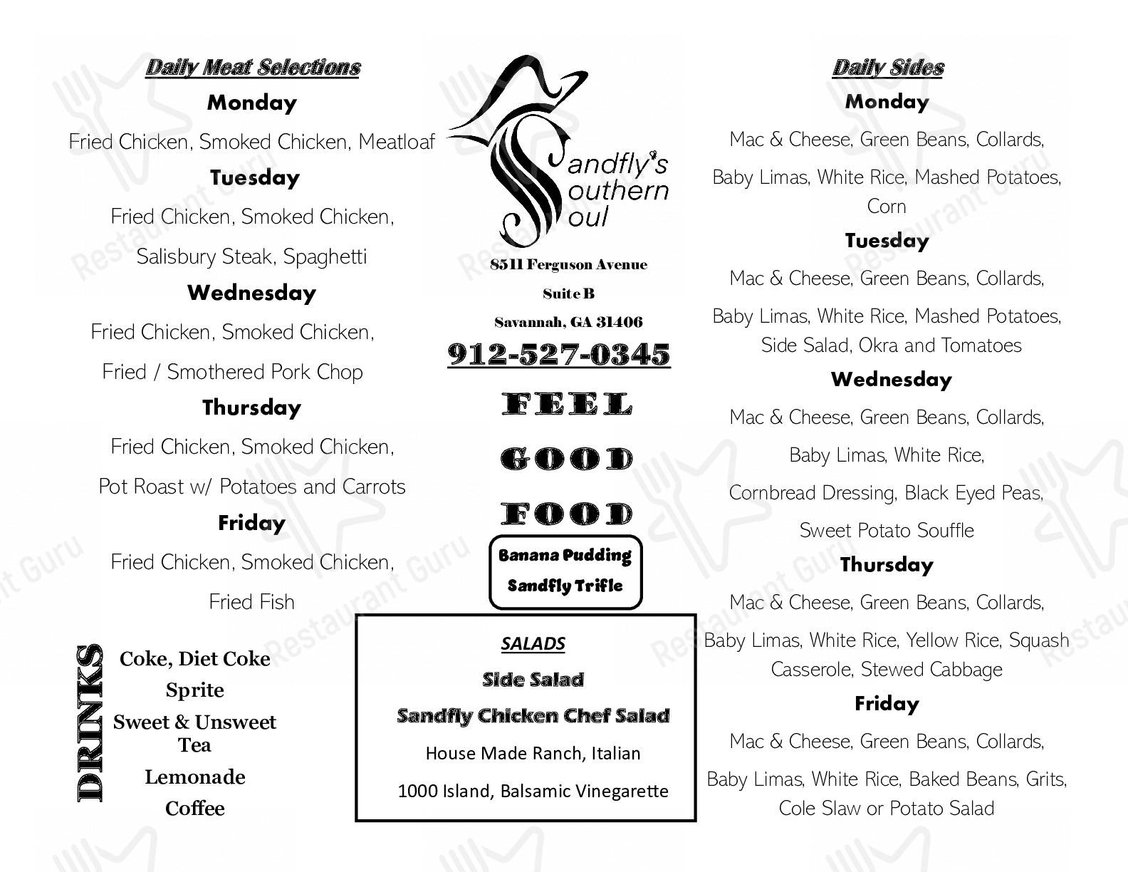Menu at Sandfly's Southern Soul restaurant, Savannah