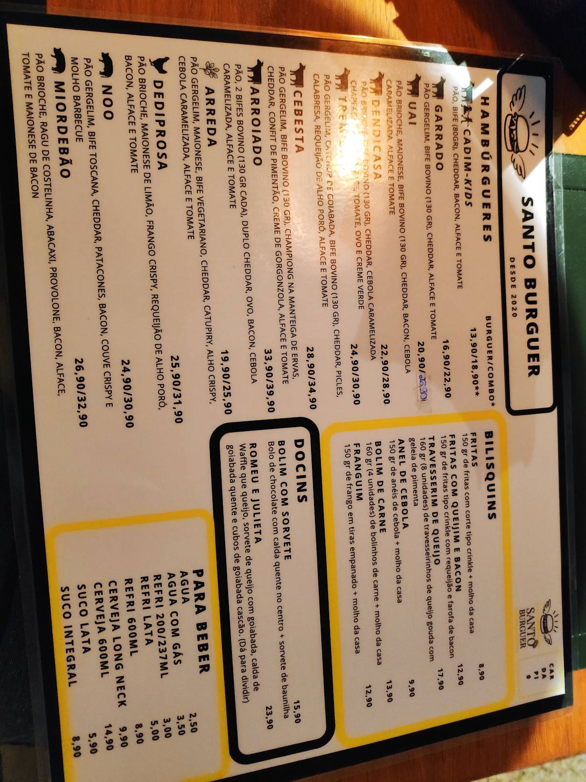 Santo Burguer cardápio