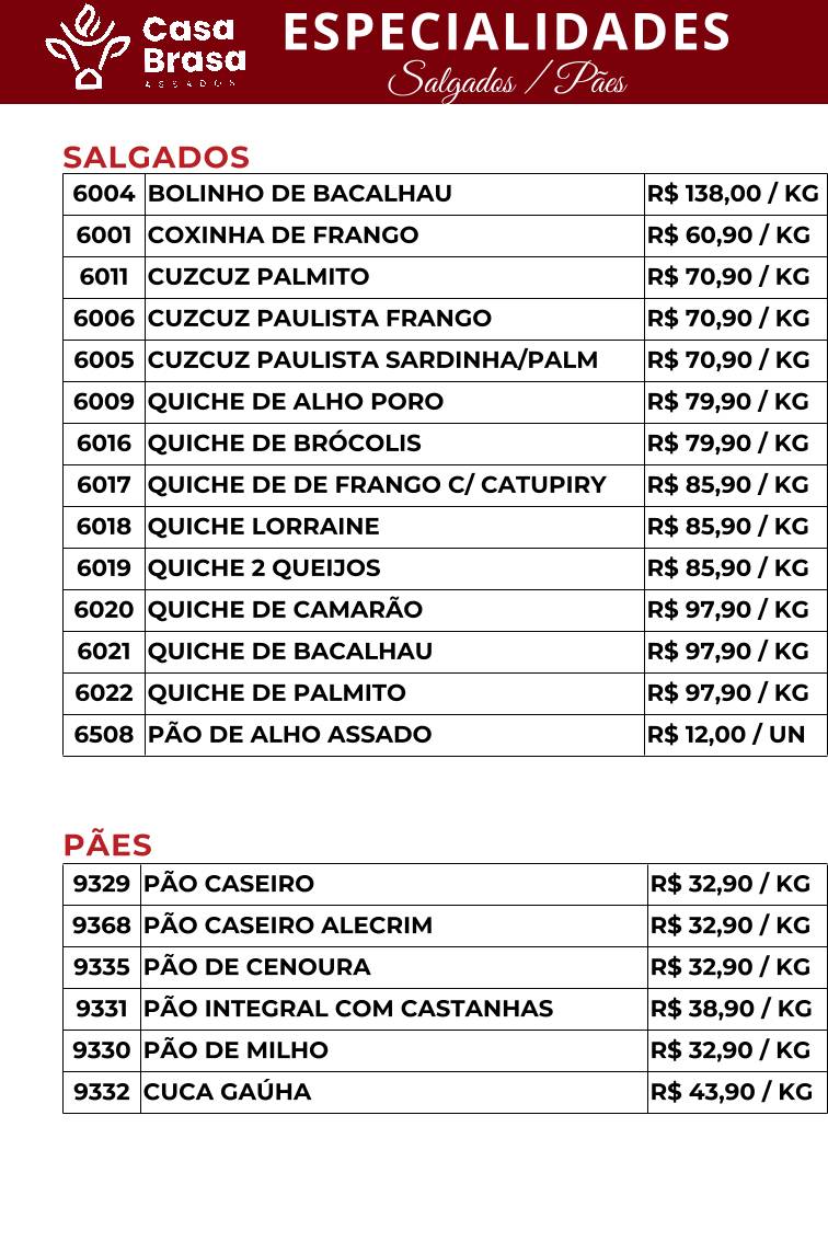 Assados Casa Brasa cardápio